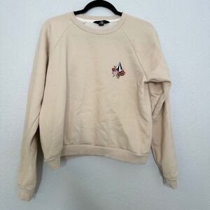 Volcom Womens Beige Floral Logo Crew Neck Pullover Sweatshirt Large